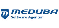 Das Logo zeigt ein blaues Schild mit einem stilisierten "M" und dem blauen Text "MEDUBA Software Agentur" auf weißem Hintergrund.
